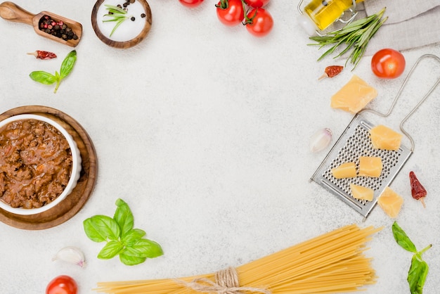 Ingredients for bolognese spaghetti frame