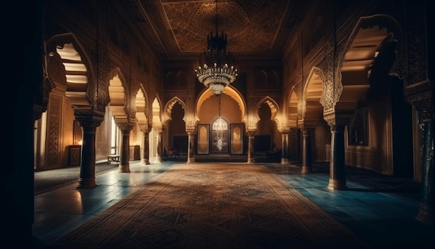 Free photo the inside of a mosque with a large carpet and a large chandelier hanging from the ceiling.