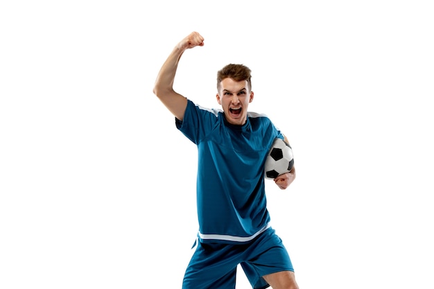 Inspired. Funny emotions of professional soccer player isolated on white studio background. Excitement in game, human emotions, facial expression and passion with sport concept.