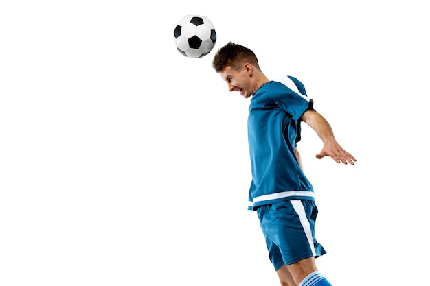 Inspired. Funny emotions of professional soccer player isolated on white studio background. Excitement in game, human emotions, facial expression and passion with sport concept.