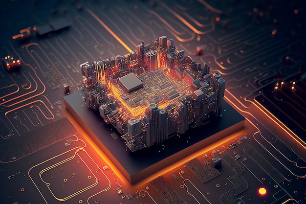 Integrated microchip circuit board for server Central computer processor with neon lights