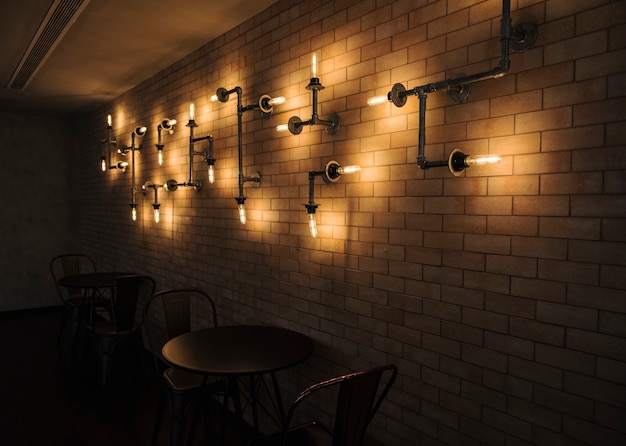 Interior of a cafe with brick walls