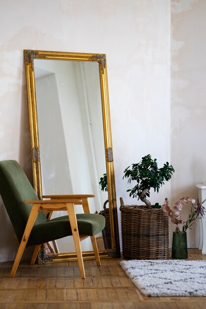 Interior decor with mirror and potted plant