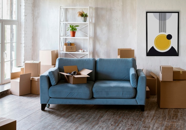 Interior design with photoframe and blue couch