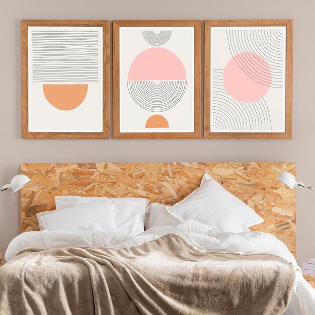 Interior design with photoframes and bed