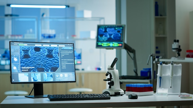 Interior of empty science laboratory with modern equipment prepared for pharmaceutical innovation using high tech, microbiology tools for scientific research. Vaccine development against covid19 virus