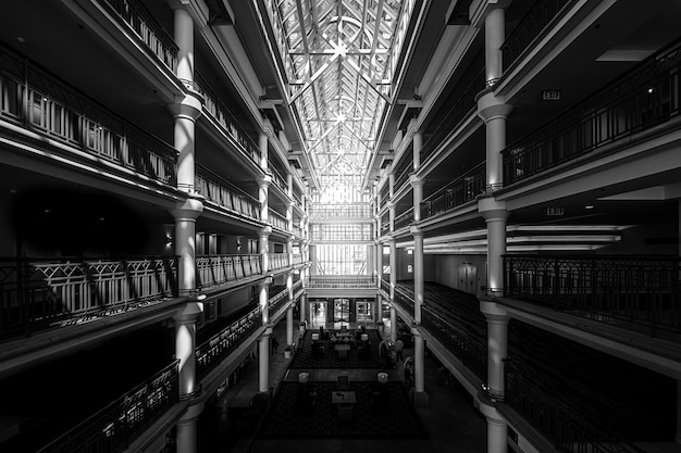 Free photo interior of a large building with glass ceiling