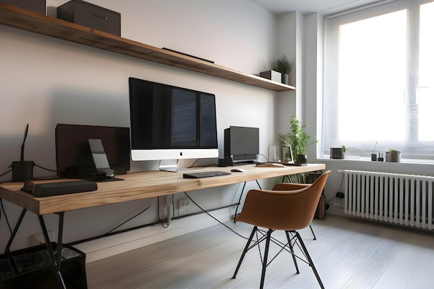 Free photo interior of modern office with wooden desk and computer 3d render