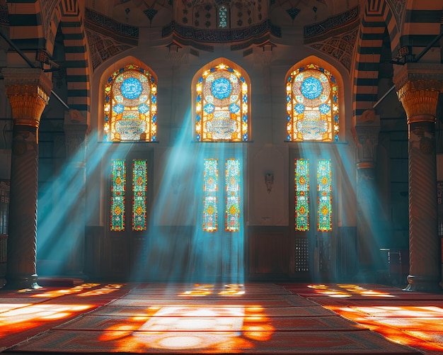 Free Photo interior of a mosque with sunlight filtering through windows