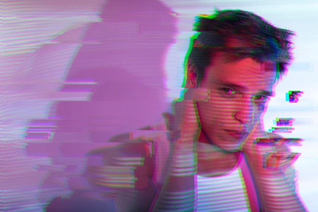 Free Photo interior portrait of handsome man in vaporwave style