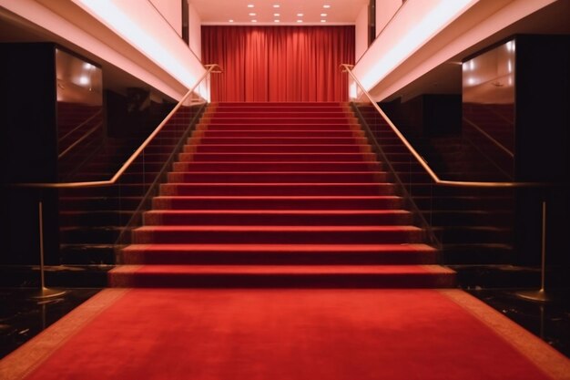 Interior scene of hotel stairs covered with red carpet generative ai