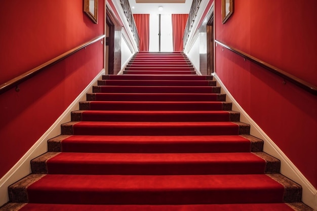 Free photo interior scene of hotel stairs covered with red carpet generative ai