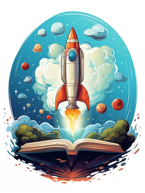 Free Photo international day of education in cartoon style with open book and rocket