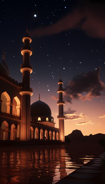 Intricate mosque building and architecture at night