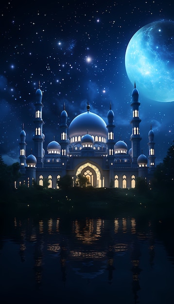 Intricate mosque building and architecture at night