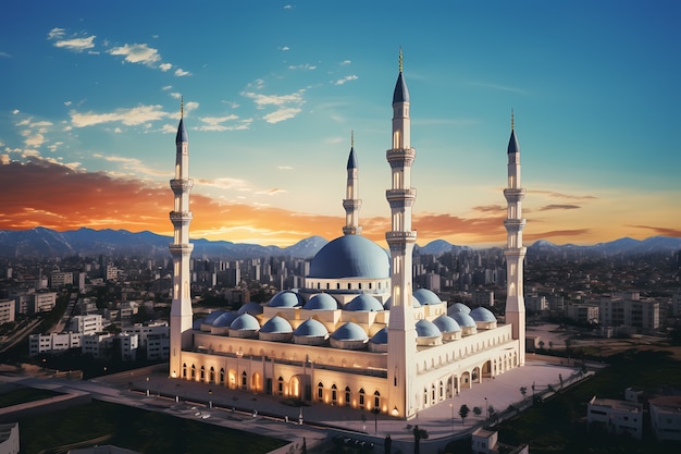 Intricate mosque building and architecture with sky landscape and clouds