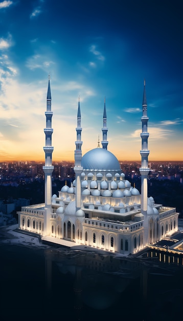 Intricate mosque building and architecture with sky landscape and clouds