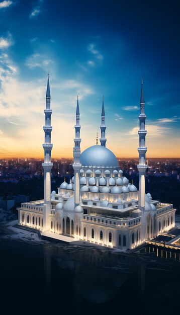 Intricate mosque building and architecture with sky landscape and clouds