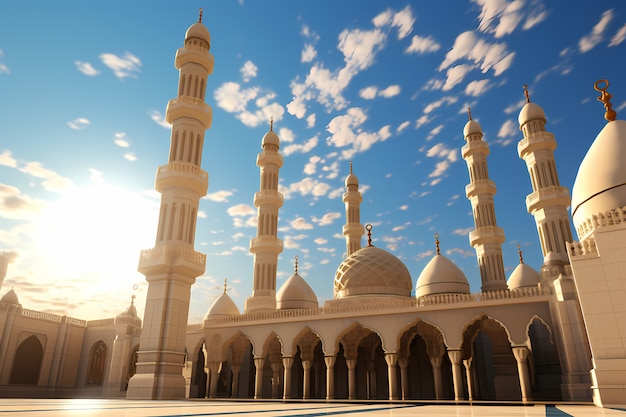 Intricate mosque building and architecture with sky landscape and clouds