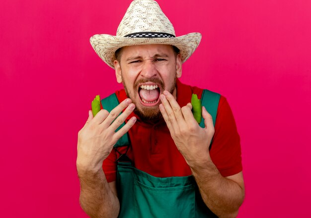 Irritated young handsome slavic gardener in uniform and hat holding pepper halves looking 