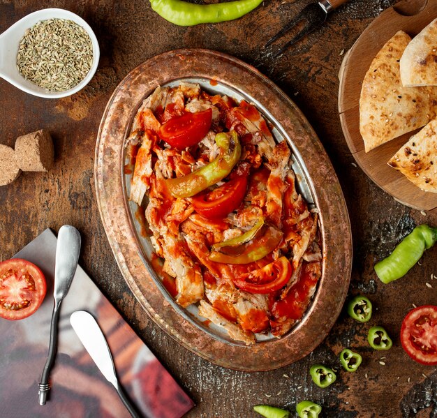 Iskender kebab on the table top view