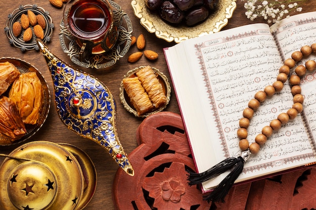 Free photo islamic new year food with praying beads