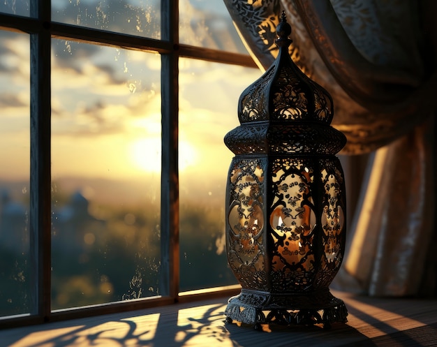 Islamic style lantern design for ramadan celebration with copy space