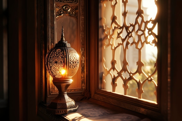 Free photo islamic style lantern design for ramadan celebration with copy space