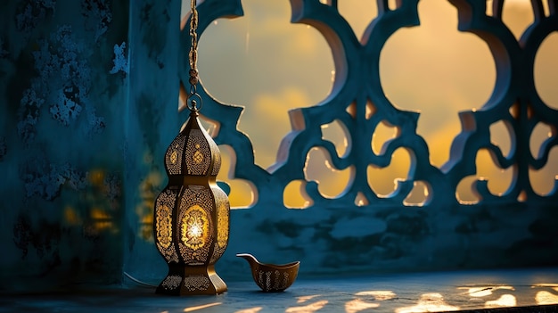 Free photo islamic style lantern design for ramadan celebration with copy space