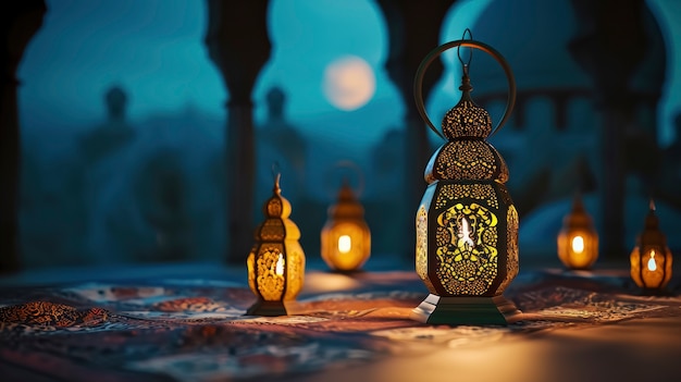 Free photo islamic style lantern design for ramadan celebration with copy space