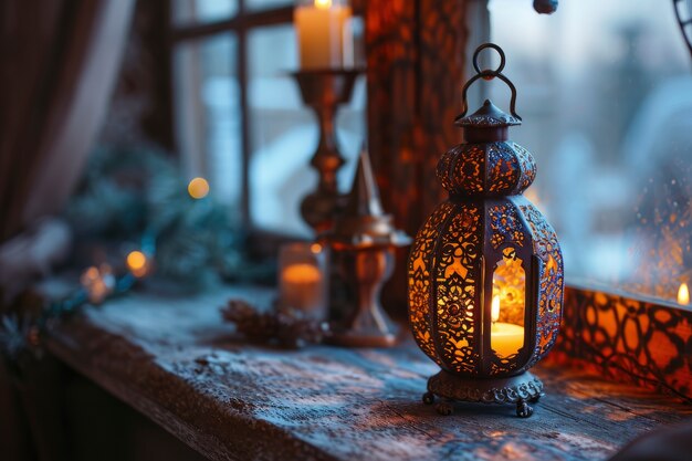 Islamic style lantern design for ramadan celebration with copy space