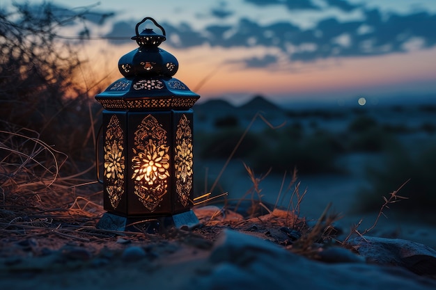 Islamic style lantern design for ramadan celebration with copy space