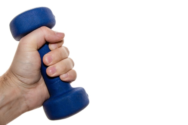 Free Photo isolated picture of a person holding a blue dumbbell