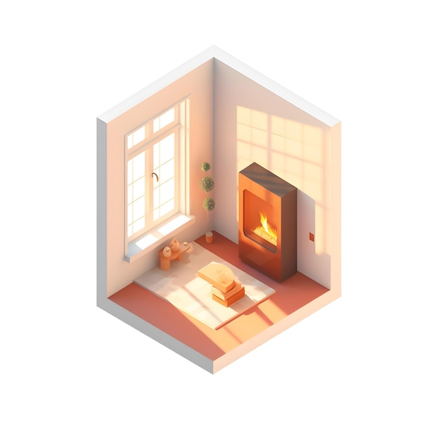 Free photo isometric interior of a room with fireplace and window vector illustration