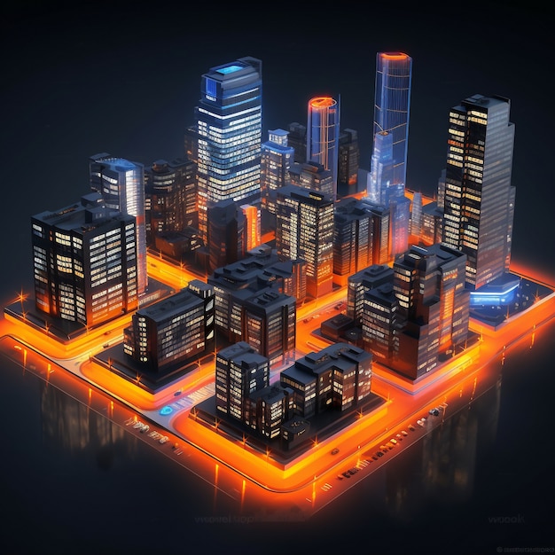 Isometric view on 3d rendering of neon city