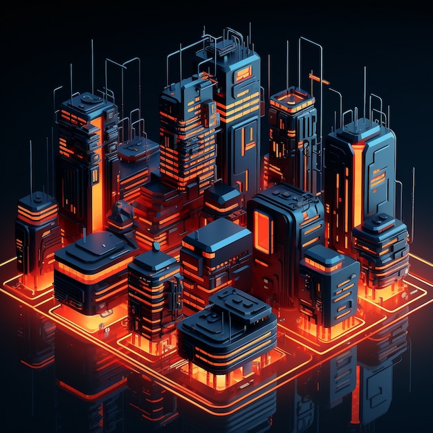 Isometric view on 3d rendering of neon city