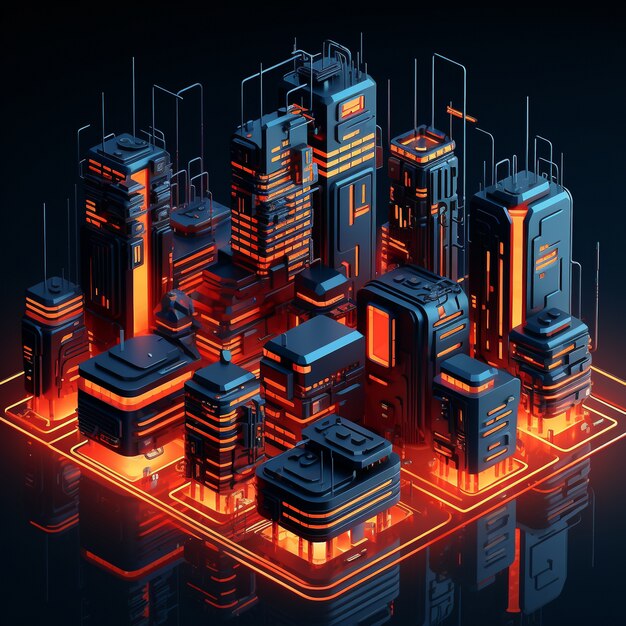 Isometric view on 3d rendering of neon city