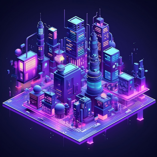 Free Photo isometric view on 3d rendering of neon city