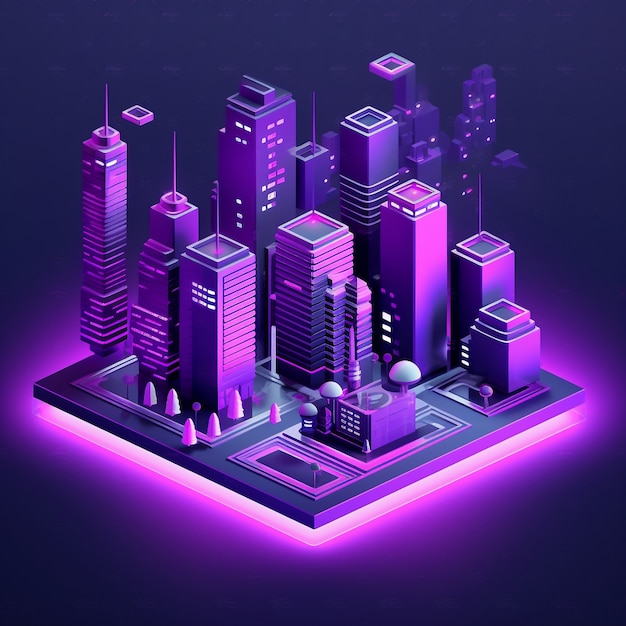 Isometric view on 3d rendering of neon city