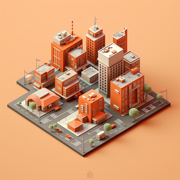 Isometric view on 3d rendering of neon city