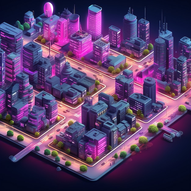 Isometric view on 3d rendering of neon city