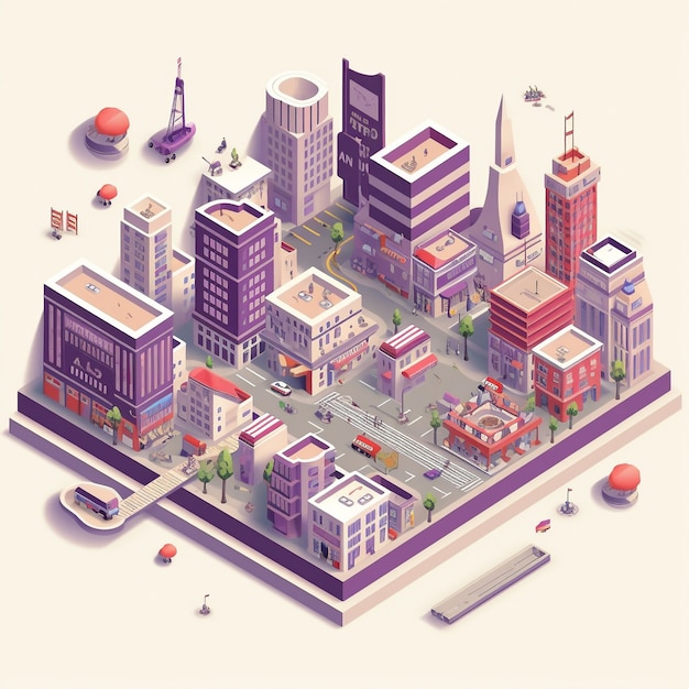 Free photo isometric view on 3d rendering of neon city