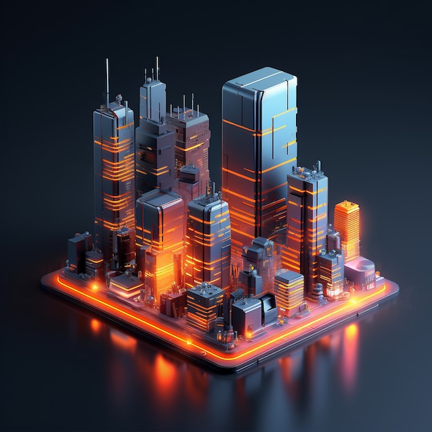 Isometric view on 3d rendering of neon city