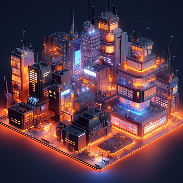 Free photo isometric view on 3d rendering of neon city