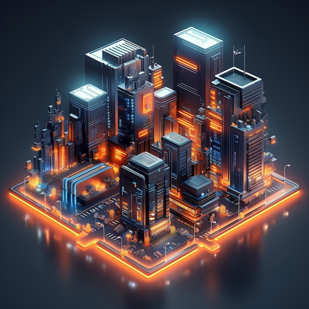 Isometric view on 3d rendering of neon city