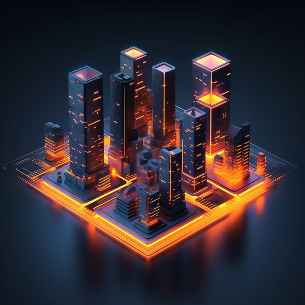 Isometric view on 3d rendering of neon city