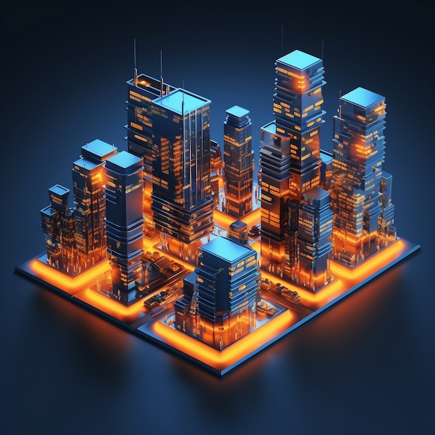 Free Photo isometric view on 3d rendering of neon city