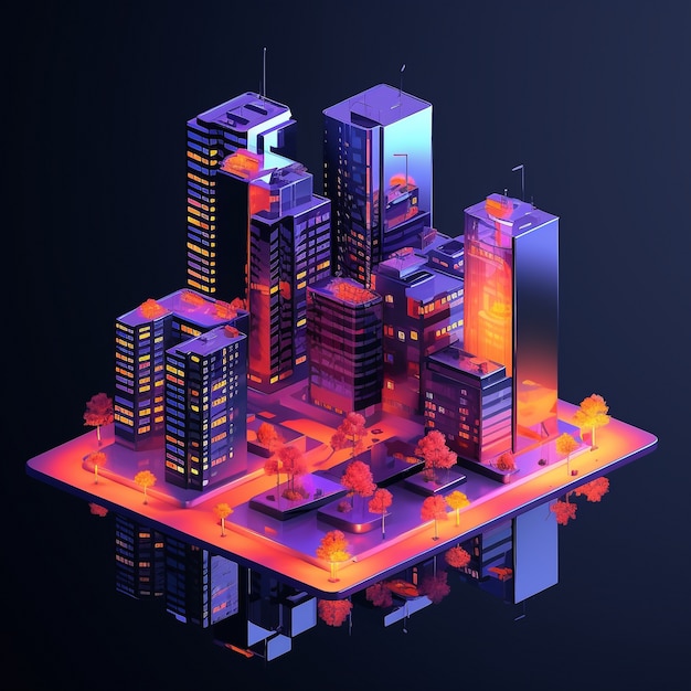 Free Photo isometric view on 3d rendering of neon city