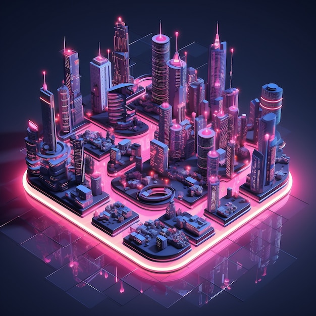 Free photo isometric view on 3d rendering of neon city