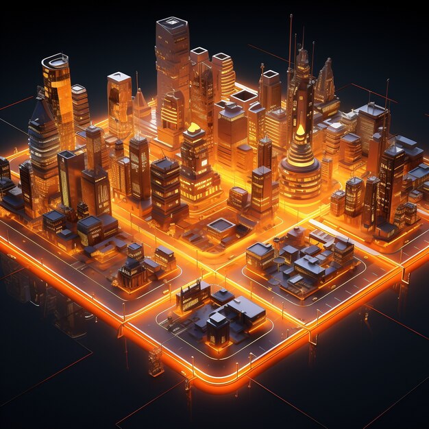 Isometric view on 3d rendering of neon city